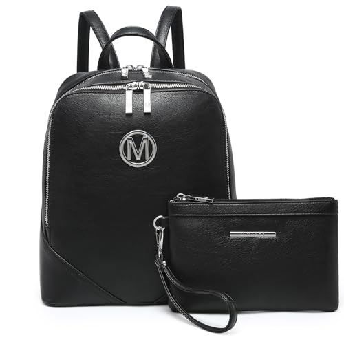 MKP Women Fashion Double Zipper Medium Backpack Purse PU Leather Ladies Travel Shoulder Bag Set 2Pcs