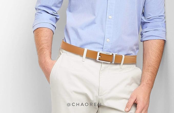 CHAOREN Men's Automatic Belt 35 mm Wide Ratchet Belt | Hole-free micro-adjustment, can be shortened to desired length, business, jeans and leisure Light Silver - Tan Waist 90-100 cm (total length 115 cm)