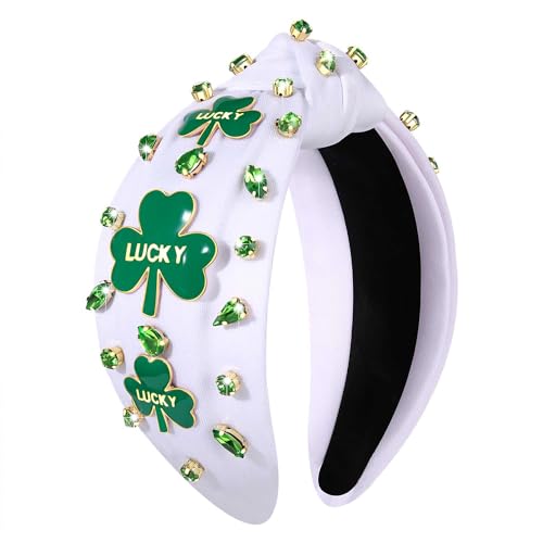 mokkia St.Patrick’s Day Headband Accessories Outfits for Women Green IRISH Lucky Shamrock Headband Rhinestone Crystal Knotted Hairband Irish Holiday Headwear Party Favors Gifts (Shamrock E)