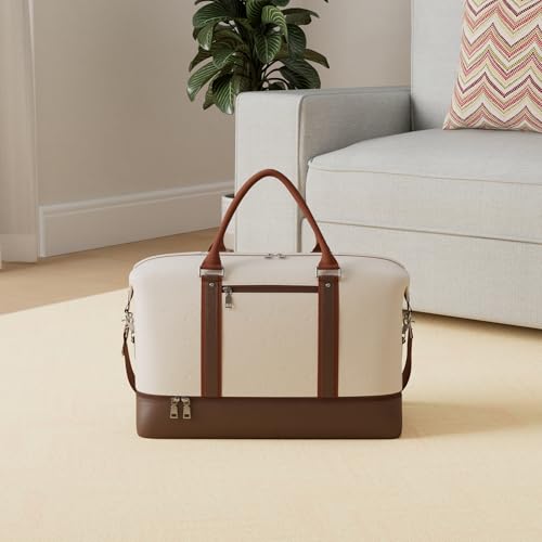 seyfocnia Sac de voyage avec pochette à chaussures, sac de week-end, sac de voyage, sac de sport pour homme ou femme, beige, Sac de sport – vue 2