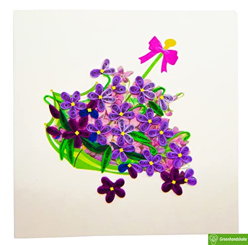 Basket Of Violets, Quilled Card, Quilling Card 3D - Unique Dedicated Handmade, Design Greeting Card For Birthday, Valentine's Day, Mothers Day, Spring, Fathers Day, Graduation, Wedding, Anniversary, Thank You, Get Well, All Occasion | 6" X 6" #TOP4