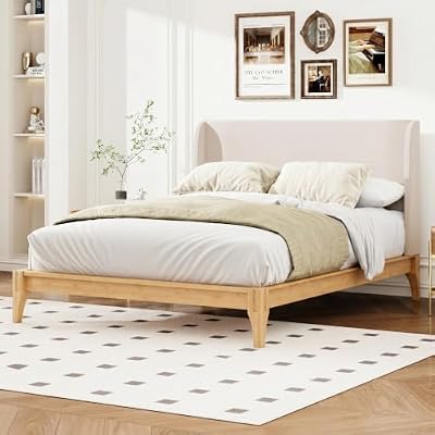 Merax Mid-Century Bamboo Platform Bed with 48" Upholstered High Headboard