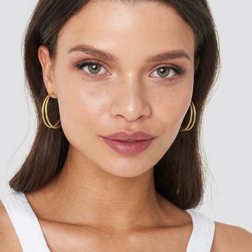 OOOPEL Large Thin Gold Double Hoop Earrings for Women Lightweight Hypoallergenic S925 Post Large Hoop Earrings 14K Golden Non Tarnish Layered Big Thin Gold Hoops by OOOPEL - Used condition - Image 4