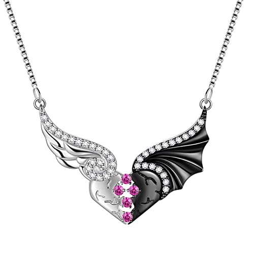 Aurora Tears Collar con colgante de corazón de ángel diablo de plata de ley 925, alas de ángel demonio, corazón roto en blanco y negro, colgante de amor para parejas, DP0314F, Zirconia cúbica