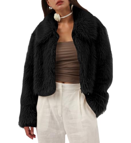 Amazhiyu Womens Faux Fur Coat, Winter Long Sleeve Jacket Crew Neck Zip-Up Outwear Plush Warm Winter Coat Black M