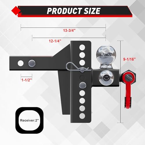 TYT Adjustable Tri-Ball Trailer Hitch for 2 inch Receiver, 4.5" Drop/Rise, Triple Balls (1-7/8", 2", 2-5/16") with Shackle, 10,000 lbs GTW, 1,000 lbs TW,Pin Lock & Hitch Tightener by TYT - Image 2