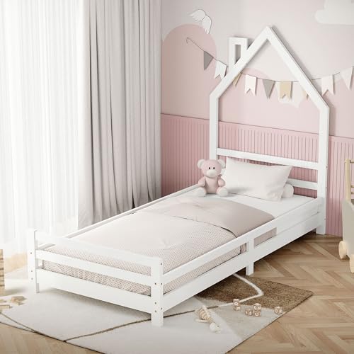 ML-Design Letto a Casetta per Bambini 90x200 cm Bianco Letto Singolo in Legno di Pino Massiccio con Rete a Doghe Design Camino Struttura Gioco per Bambini e Bambine Arredo Montessori per Cameretta