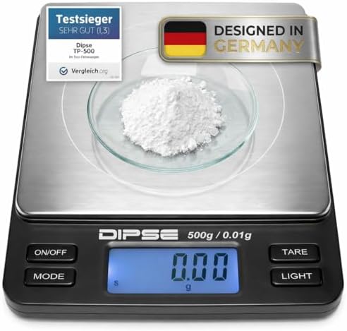 Dipse Digitale Laborwaage TP-500 x 0,01 - Feinwaage mit 0,01g genauer Auflösung Digitalwaage bis 500g / 0,5 kg Wägebereich 500 x 0,01g, Farbe Schwarz