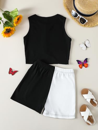 Verdusa Conjunto de 2 peças para meninas, conjunto de regata cropped e short colorblock, Preto, bran