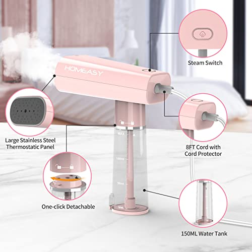 Clothes Steamer Travel, Homeasy Handheld Steamer For Clothes Garment Steamer Portable Iron Clothes Steamer Fabric Wrinkle Remover With Fast 25S Heat-Up Detachable Water Tank, Pink #TOP5