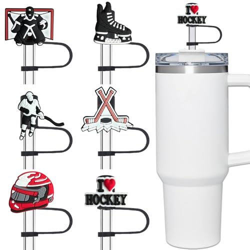 Amreich Hockey Straw Cover for Stanley Cup, 6 PCS Silicone Straw Topper for 30/40oz Tumbler with Handle, Black Straw Cover Cap for 10mm Straw Accessories for Hockey Sports Lovers