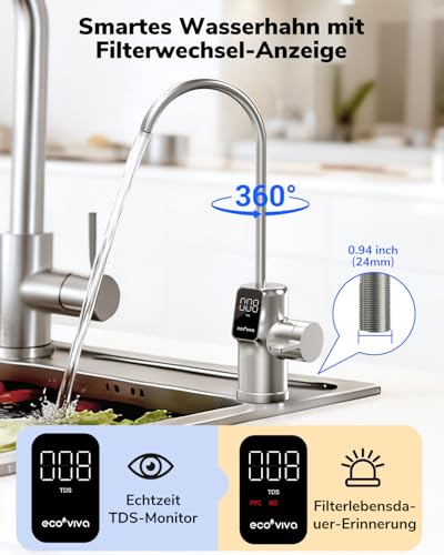 Ecoviva E8 Osmoseanlage Trinkwasser, 800 GPD (3028 L/Tag) Umkehrosmoseanlage, 9-stufige Filterung RO Untertisch Osmose Wasserfilter, Reduziert TDS, 2.5:1 Spar-Verhältnis, tanklos, Schwarz