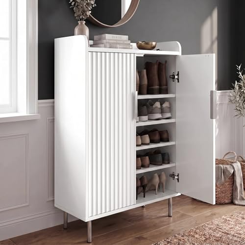 Image of Blisswood Shoe Cabinet with Doors, Fluted Wooden Shoe Storage Cupboard, 5-Tier Shoe Rack with Adjustable Shelves, Metal Legs & Handles for Living Room, Hallway Bedroom White 36Dx 60Wx 105H cm