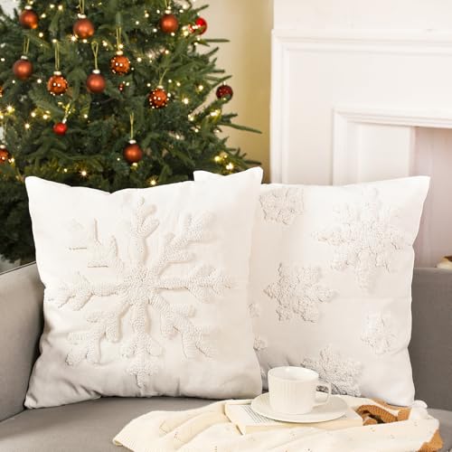 Beeveer 2 Pcs Snowflake Pillow Covers 18x18 Inch Christmas Winter Pillow Covers 3D Tufted White Snowflake Throw Pillows Cases Embroidery Christmas Pillowcase for Couch Sofa Bed Room Xmas Holiday Decor by Beeveer - Used condition - US$12.59