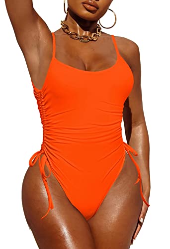 Pink Queen Womens Scoop Neck One Piece Swimsuit Ruched High Leg Tummy Control Bikini Bathing Suit Orange M