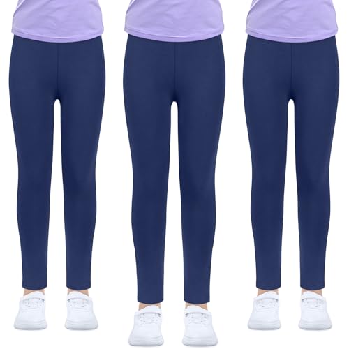 ouhos Confezione da 3 leggings da ragazza, colore nero, bianco, a vita alta, per bambini, leggings, sportivi, lunghi, morbidi, elastici, opachi, per danza, yoga, uso quotidiano, Blu, 12-13 Anni