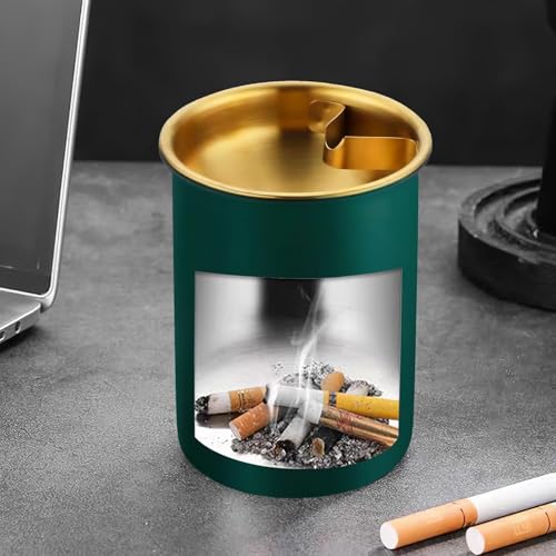 Image of NYRWANA Stainless Steel Windproof Ashtray with Lid | Rustproof, Easy-to-Clean Ash Holder for Smokers | Elegant Indoor Outdoor Ash Tray for Patio, Home, Office, Bar & Garden Use (Green)