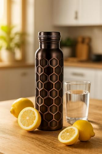 Image of Pure Copper Water Bottle for Summer Hydration - 1 Litre (32 oz) Antique Honeycomb Design | Ayurvedic Copper Bottle for Drinking Water | Keeps Water Cool, Leak-Proof, BPA-Free, Eco-Friendly Gift