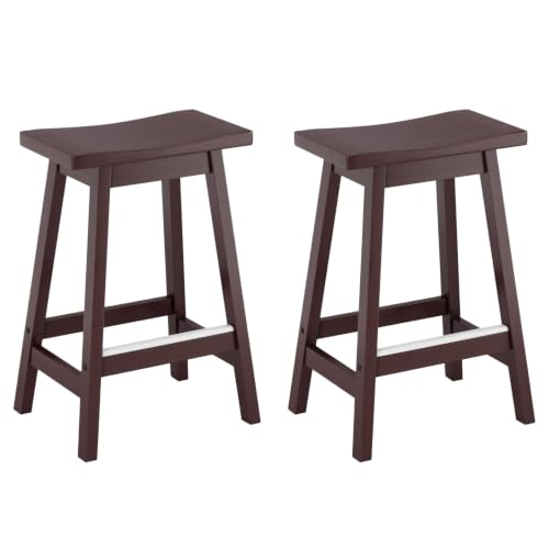 BestOffice Butacos de Barra de 24 Pulgadas, Juego de 2 Unidades, Asiento de Madera con Forma de Silla de Montar, Color Marrón, Diseño para Isla de Cocina y Comedor, Estilo Clásico miniatura 1