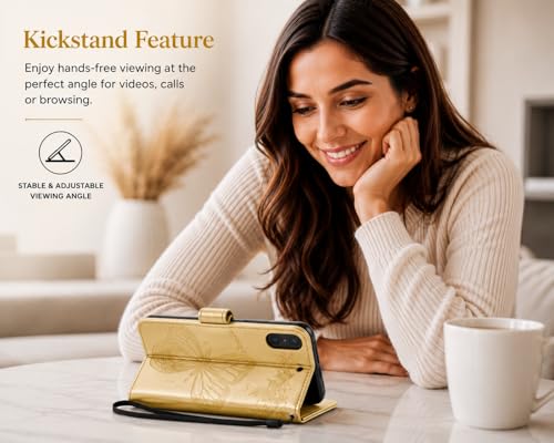 Image of TROUNCE Butterfly Embossing Shock Proof Flip Cover with Card Cash Holder Wallet Case & Magnetic Lock|Mobile Cover|Back Cover- Gold for Google Pixel 8
