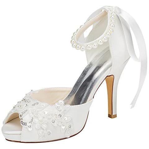 Emily Bridal 521-51A Women's Wedding Shoes Peep Toe 3.94 Inches Stiletto Heel Satin Pumps with Imitation Pearl Ribbon Tie Sequin Bridal Shoes (EU38/7.5 B(M) US, Ivory) Cover