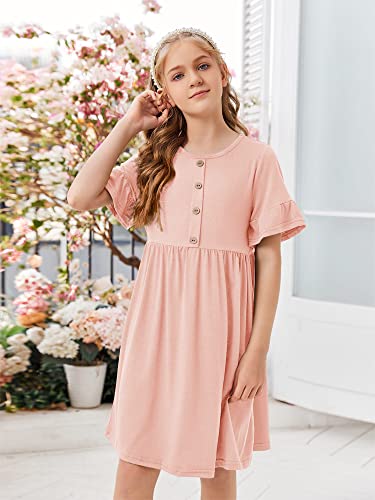 Foshow Girls Short Sleeve Midi Dresses Kids Casual Crew Neck Button Down Summer Dress With Pockets 7-14 Years #TOP2