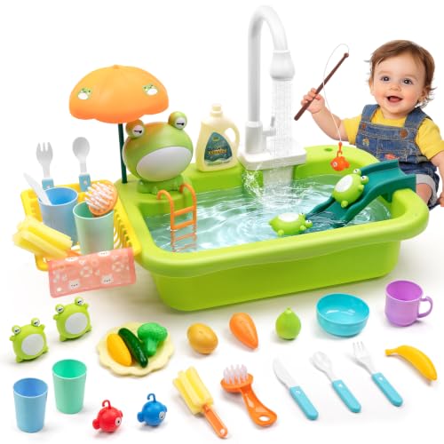 Play Sink with Running Water,Indoor & Outdoor Kids Play Water Toy with Upgraded Electric Faucet,Water Table Accessories for Toddlers,Floating Fishing Water Toys,Pretend Play Dishwasher for Kids
