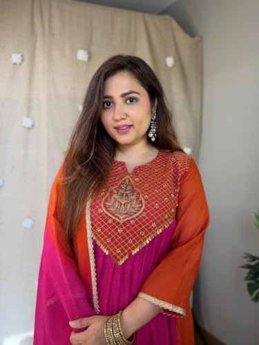 Image of YESHA FASHION STORE Maroon,bright magenta,Teal blue Embroidered Anarkali Suit with Dupatta