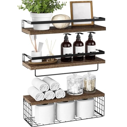 Towel-Racks-for-Bathroom-Wall-Mounted3PCS-Floating-Shelves-with-Storage-Basket-Bathroom-Organizers-Wall-Mounted-Rustic-Wood-Shelves-for-Bathroom-Bedroom-Living-Room-KitchenDark-Brown Towel Racks for Bathroom Wall Mounted3PCS Floating Shelves with Storage Basket Bathroom Organizers Wall Mounted Rustic Wood Shelves for Bathroom Bedroom Living Room KitchenDark Brown