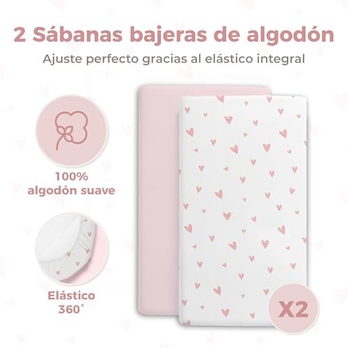 Miniatura 3 de Dreamzie 2 Sabanas Minicuna 1 Protector Colchón Cuna Impermeable Bebe 100 Algodón Para Cuna, Moisés - 50x83 Cm Estampado Heart
