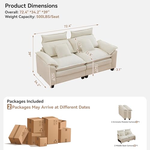 Image of 72'' Cloud Modern Loveseat Couch with Detachable Headrest, Modular Sectional Sofa Couch Deep Love Seat, Oversized 2 Seater Chenille Comfy Sofa with Armrests for Living Room, Beige