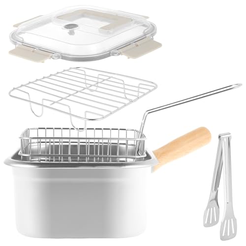 Pentola per friggitrice in acciaio inox con cestello e manico, padella quadrata portatile con coperchio, friggitrice multifunzionale per friggere pesce, pollo e patatine fritte. (vestito 2)