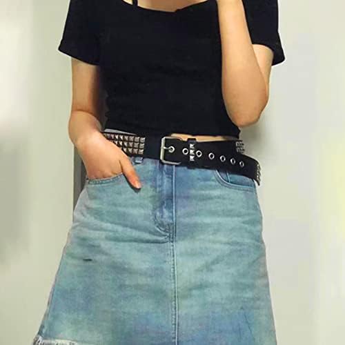Three Row Studded Belt, Adjustable Modern Square Beads Metal Pyramid Belt, Gothic Punk Jeans Belt for Men and Women (Black)