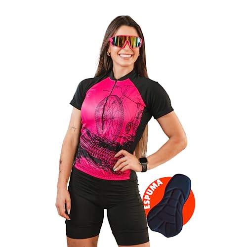 Conjunto Feminino de Camisa de Ciclismo e Short Acolchoado Bike Pedal (Rosa, G)