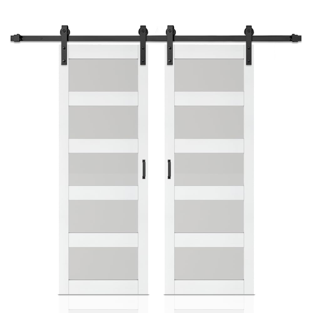 60 in. x 84 in. 5 Lite Tempered Frosted Glass White Finished Composite Double Sliding Barn Door with Hardware Kit Handle