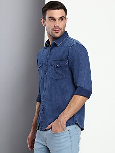 Image of Dennis Lingo Men's Solid Slim Fit Cotton Casual Shirt with Spread Collar & Full Sleeves