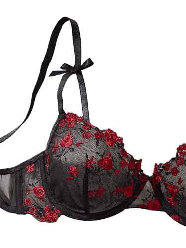 Image of Lilosy Sexy Cute Underwire Push Up Strappy Heart Embroidered Mesh Sheer Lingerie Set for Women See Through Bra and Panty 2 Piece Bow Flower Black Red Small