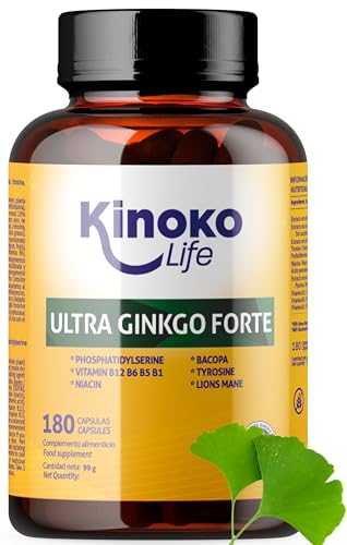 Ginkgo Biloba Forte 180 Cápsulas con Bacopa, Fosfatidilserina, Melena de León, Tirosina, Niacina y Vitaminas B - Ayuda Nootropicos memoria y concentracion