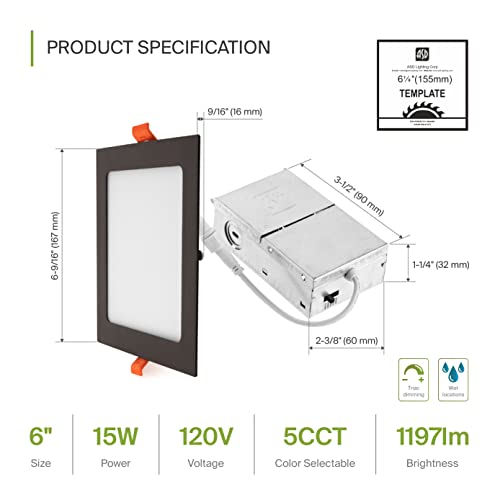Asd 6 Inch Ultra Thin Square Led Recessed Lighting Oil Rubbed Bronze, 5 Cct 2700K-5000K 15W 60W Eqv 1197Lm, Dimmable Canless Ceiling Square Downlight With J-Box - Ul Energy Star 12 Pack #TOP1