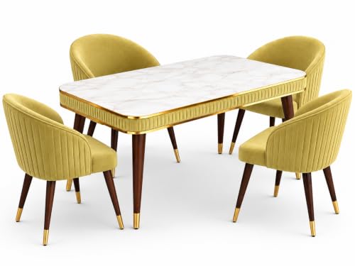 Image of WOODEN SPACE Majestic 4 Seater Wooden Dining Table Set | Urban Marble Top Dining Table with Chairs for Dining Room & Kitchen (Majestic Classic Backline Light Green) (54 x 36 x 30 inch)