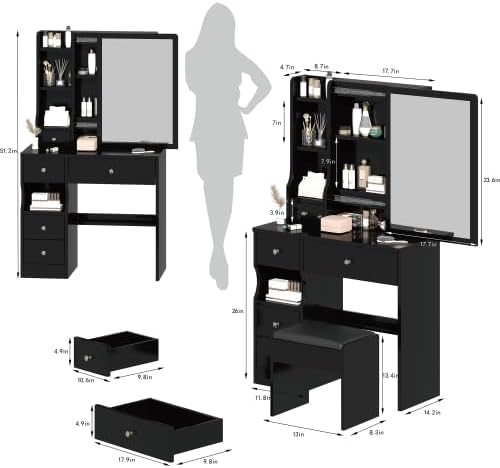 Miniatura 3 de Juego de tocador de maquillaje con espejo y luces, escritorio LED negro con taburete acolchado, 6 cajones, 2 estantes de almacenamiento, tocador