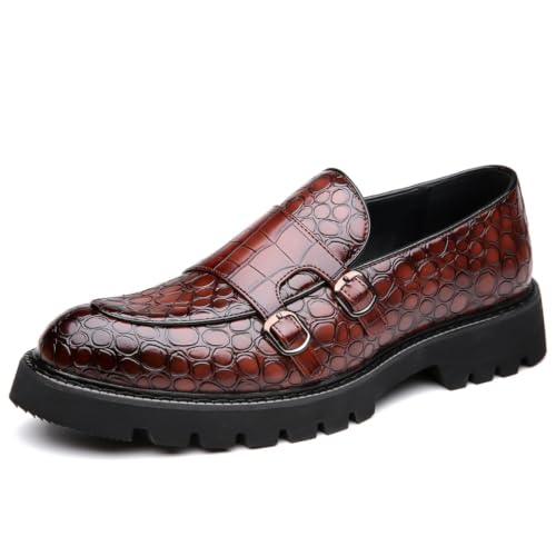 Image of Men's Croc Embossed Double Monk Strap Loafers Chunky Lug Sole Slip-On Formal Dress Shoes (Brown,9.5)