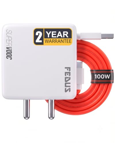 FEDUS Bolt PRO 100W SuperVOOC Charger with USB-A to Type C Cable | Ultra Fast Wall Adapter for OnePlus 12/12R/11/Nord 4, Oppo Reno 12, Realme GT 6 | Smart IC Mobile Power Brick | 2 Year Warrantee