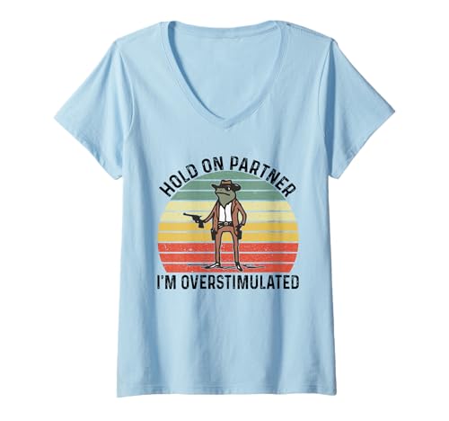 Femme Hold On Partner Je suis surstimulé Cowboy Frog Vintage T-Shirt avec Col en V