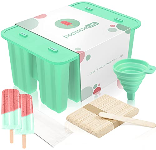 PopsicleLab Popsicle Mold Set, Food Grade BPA Free Silicone Popsicle Molds for Kids, Homemade Popsicles, Ice Cream Mold, Ice Pop Molds, Popsicle Holder and 50 Popsicle Sticks, 50 Popsicle Bags, Funnel