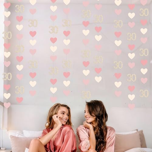 Image of Champagne Gold Pink 30th Birthday Decorations Champagne Gold Dusty Pink Heart Garland Streamer Banner Backdrop for Women Happy 30th Birthday Dirty Thirty Cheers to 30 Years Anniversary Party Supplies