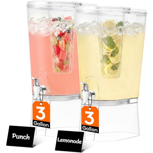 Lifewit 3 Gallon Drink Dispenser for Parties 2 Pcs, Large Plastic Beverage Container for Juice-Tea-Soda with Stand & Ice Core, Clear Lemonade Dispenser with Spigot, BPA Free Water Pitcher for Hosting
