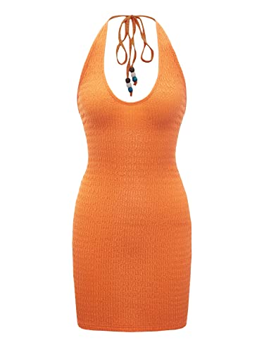 Makemechic Women's Cut Out Tie Back Slim Fit Halter Bodycon Mini Dress Stretch Y2K Party Pencil Dress Orange M #TOP23