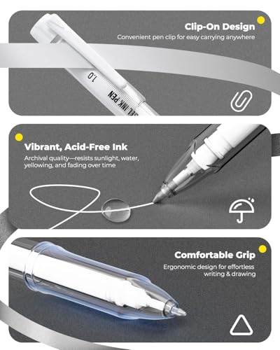 JusArt Weißstift, Goldstifte und Silberstift mit 0,4 mm, 0,5 mm und 1,0 mm verschiedenen Spitzen, Stifte mit deckender Tinte für schwarzes Papier, Journaling und Basteln, 5er-Pack