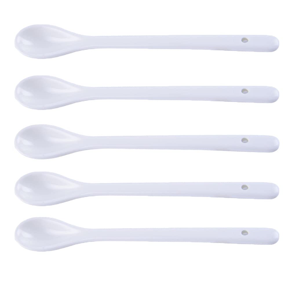 AKOAK 5 Pcs 6.7 " White Porcelain Spoon Mini Long Handle Stir Spoon for Coffee, Dessert, Yogurt, Milk Tea and Ice Cream